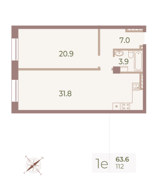 1-комнатная квартира  №112 в Neva Haus: 63.7 м², этаж 6 - купить в Санкт-Петербурге