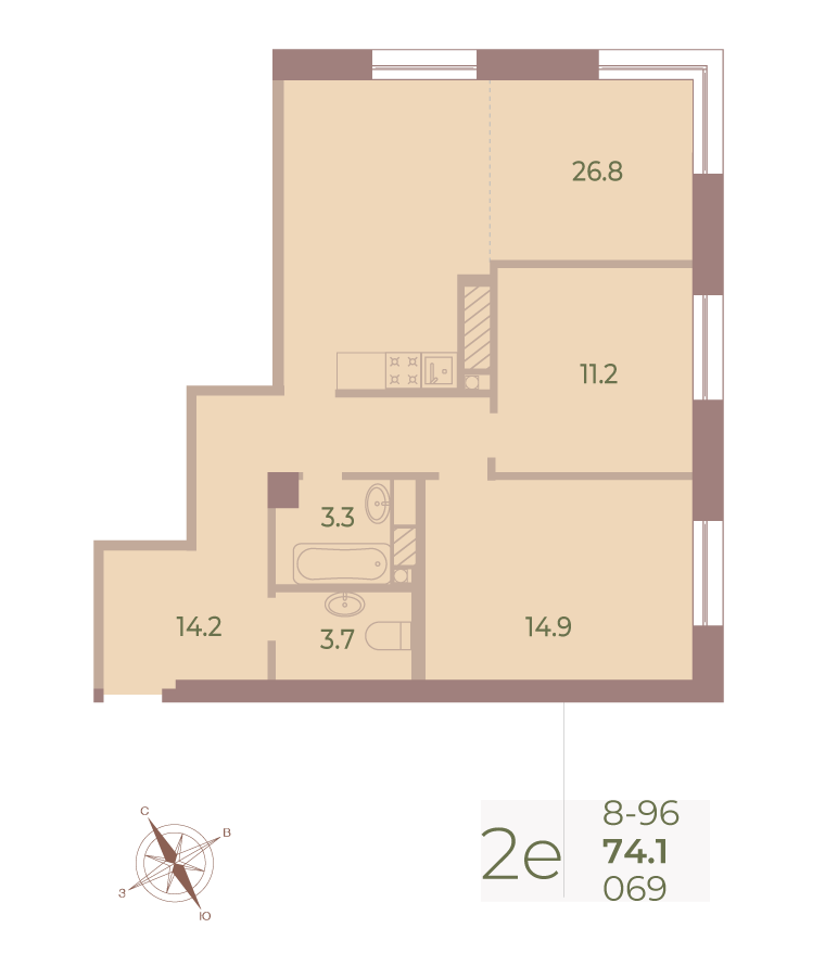 2-комнатная квартира  №69 в Маленькая Франция: 74.1 м², этаж 9 - купить в Санкт-Петербурге