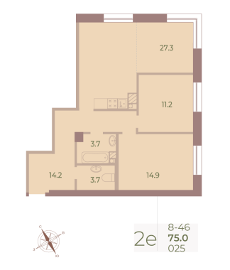 2-комнатная квартира  №25 в Neva Haus: 74.9 м², этаж 4 - купить в Санкт-Петербурге