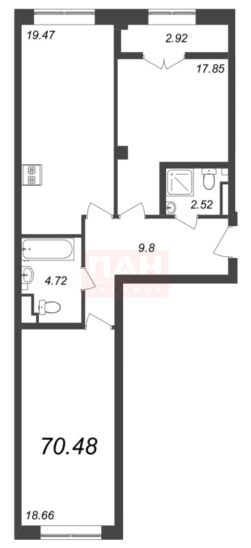 2-комнатная квартира  №302 в Neva Residence: 70.48 м², этаж 6 - купить в Санкт-Петербурге