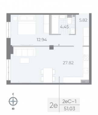 1-комнатная квартира  №50 в Neva Residence: 51.03 м², этаж 4 - купить в Санкт-Петербурге