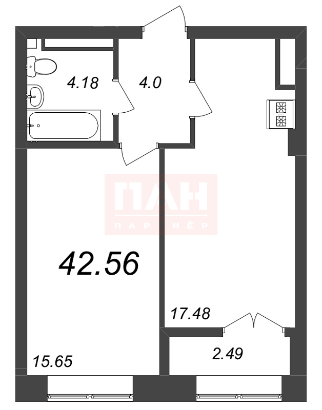 1-комнатная квартира  №274 в Neva Residence: 42.56 м², этаж 8 - купить в Санкт-Петербурге