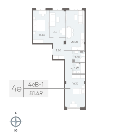 3-комнатная квартира  №14 в Neva Residence: 81.49 м², этаж 3 - купить в Санкт-Петербурге