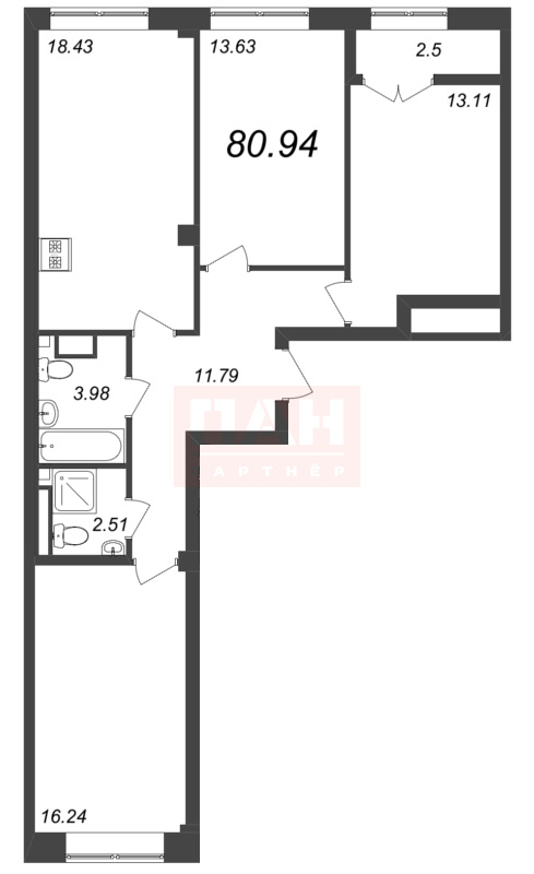3-комнатная квартира  №269 в Neva Residence: 80.94 м², этаж 7 - купить в Санкт-Петербурге