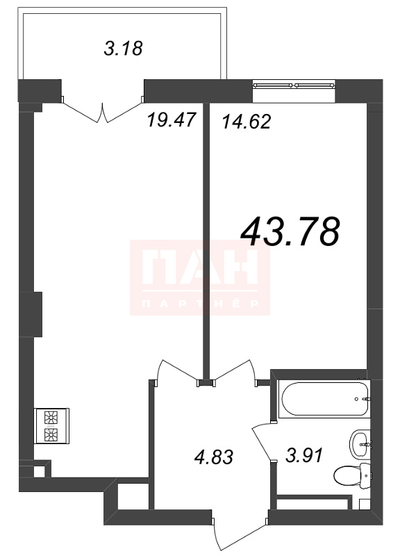 1-комнатная квартира  №56 в Neva Residence: 43.78 м², этаж 7 - купить в Санкт-Петербурге