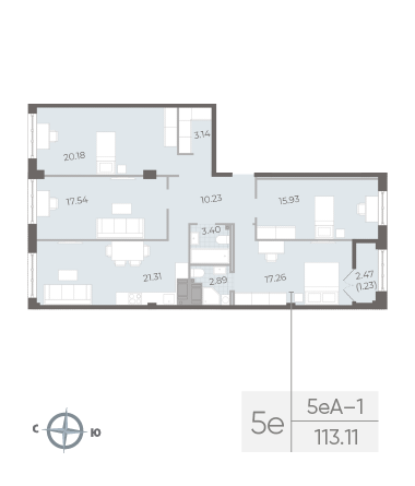 4-комнатная квартира  №61 в Neva Residence: 113.11 м², этаж 5 - купить в Санкт-Петербурге