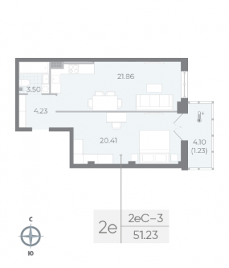 1-комнатная квартира  №64 в Neva Residence: 51.23 м², этаж 6 - купить в Санкт-Петербурге