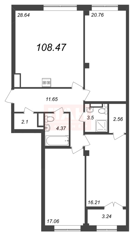3-комнатная квартира  №231 в Neva Residence: 108.47 м², этаж 5 - купить в Санкт-Петербурге