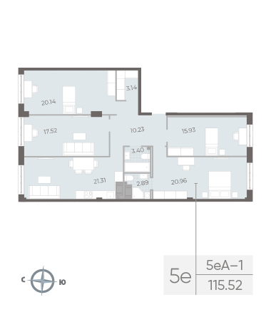 4-комнатная квартира  №49 в Neva Residence: 115.52 м², этаж 3 - купить в Санкт-Петербурге