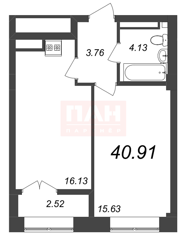 1-комнатная квартира  №271 в Neva Residence: 40.91 м², этаж 7 - купить в Санкт-Петербурге