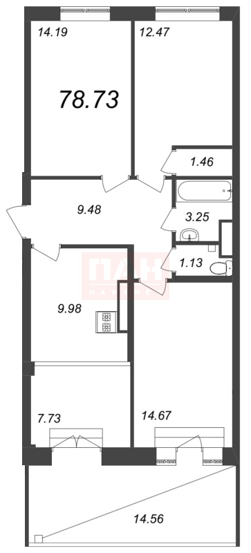 3-комнатная квартира  №205 в Neva Residence: 78.73 м², этаж 7 - купить в Санкт-Петербурге