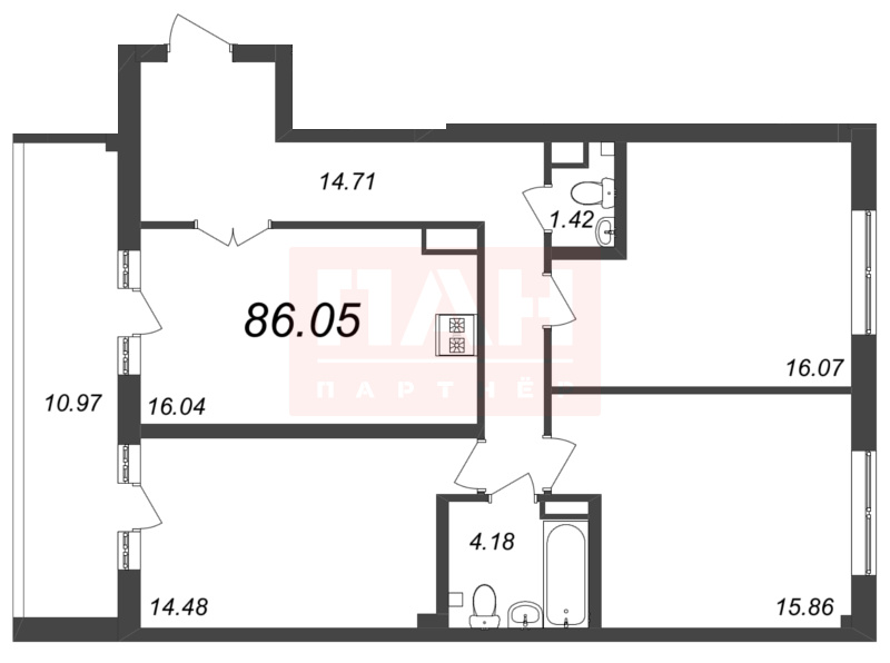 3-комнатная квартира  №316 в Лисичанская, 22: 86.05 м², этаж 8 - купить в Санкт-Петербурге
