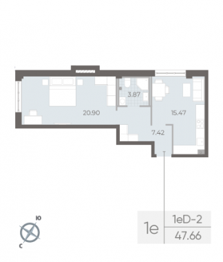 1-комнатная квартира  №282 в Neva Residence: 47.66 м², этаж 2 - купить в Санкт-Петербурге