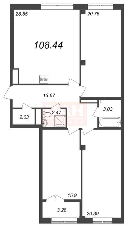 3-комнатная квартира  №244 в Лисичанская, 22: 108.44 м², этаж 8 - купить в Санкт-Петербурге