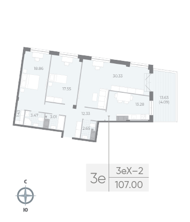 3-комнатная квартира  №69 в Neva Residence: 107 м², этаж 7 - купить в Санкт-Петербурге