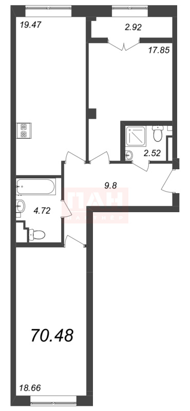 2-комнатная квартира  №308 в Neva Residence: 70.48 м², этаж 7 - купить в Санкт-Петербурге