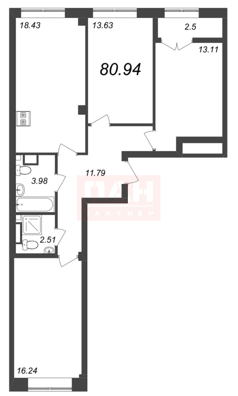 3-комнатная квартира  №261 в Neva Residence: 80.6 м², этаж 5 - купить в Санкт-Петербурге