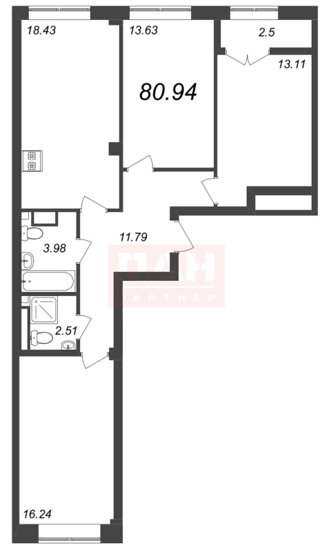 3-комнатная квартира  №273 в Neva Residence: 80.94 м², этаж 8 - купить в Санкт-Петербурге
