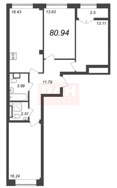 3-комнатная квартира  №265 в Neva Residence: 80.94 м², этаж 6 - купить в Санкт-Петербурге