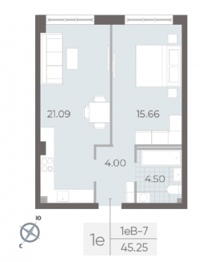2-комнатная квартира №17А в: NEVA RESIDENCE: 45.25 м²; этаж: 1 - купить в Санкт-Петербурге