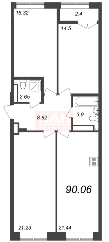 3-комнатная квартира  №272 в Neva Residence: 90.06 м², этаж 7 - купить в Санкт-Петербурге