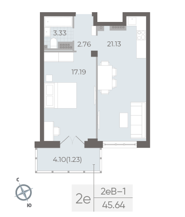 1-комнатная квартира №17А в: NEVA RESIDENCE: 45.64 м²; этаж: 5 - купить в Санкт-Петербурге
