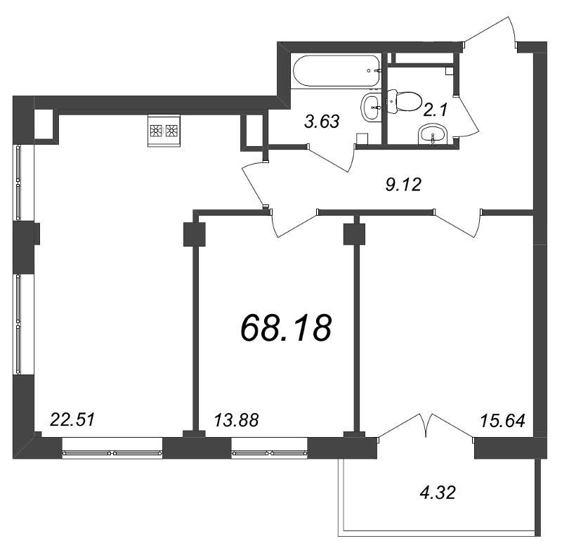 2-комнатная квартира  №39 в Neva Residence: 68.18 м², этаж 8 - купить в Санкт-Петербурге
