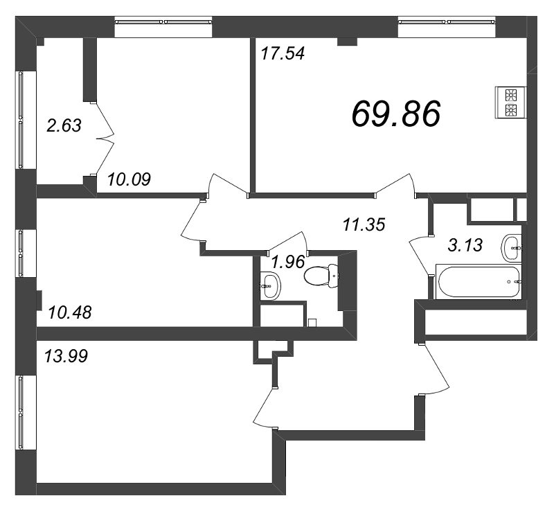3-комнатная квартира, 69.86 м²; этаж: 8 - купить в Санкт-Петербурге
