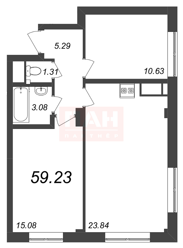 2-комнатная квартира  №23 в Neva Residence: 59.23 м², этаж 4 - купить в Санкт-Петербурге