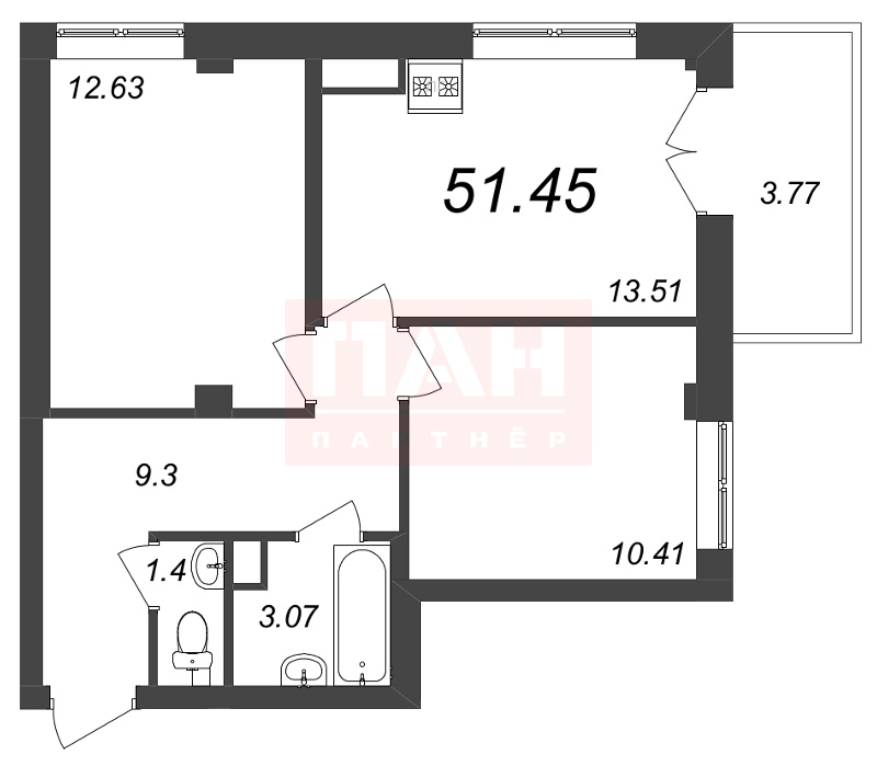 2-комнатная квартира  №54 в Neva Residence: 51.6 м², этаж 7 - купить в Санкт-Петербурге