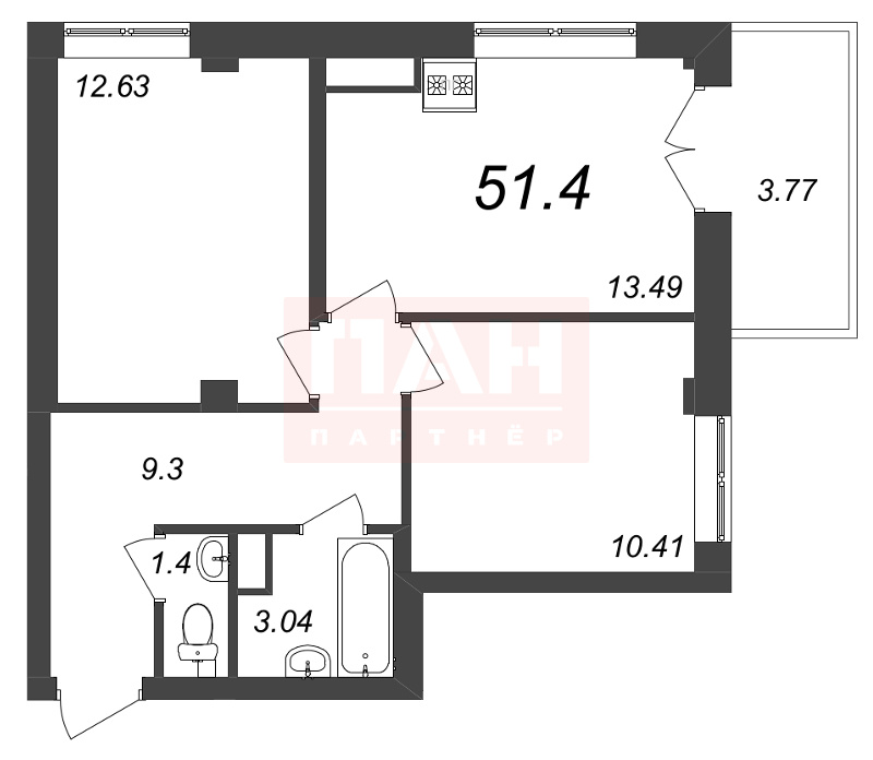 2-комнатная квартира  №63 в Neva Residence: 51.4 м², этаж 8 - купить в Санкт-Петербурге
