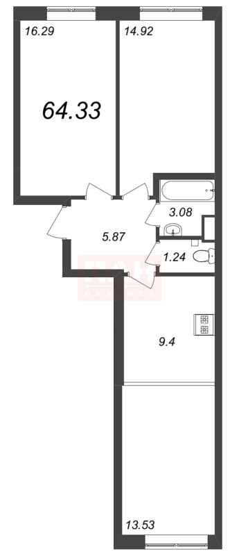 2-комнатная квартира  №187 в Neva Residence: 64.33 м², этаж 4 - купить в Санкт-Петербурге
