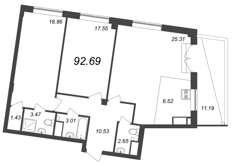 2-комнатная квартира  №72 в Neva Residence: 92.69 м², этаж 8 - купить в Санкт-Петербурге