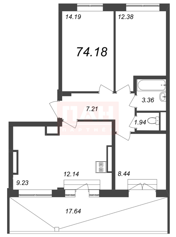 4-комнатная квартира  №207 в Neva Residence: 74.18 м², этаж 8 - купить в Санкт-Петербурге