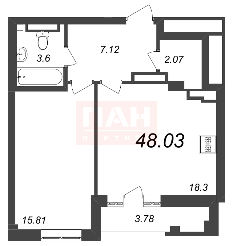 1-комнатная квартира  №315 в Neva Residence: 48.03 м², этаж 8 - купить в Санкт-Петербурге