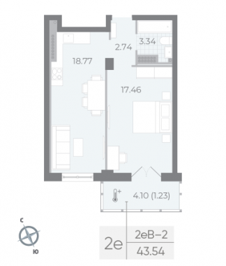 1-комнатная квартира  №42 в Neva Residence: 43.54 м², этаж 8 - купить в Санкт-Петербурге