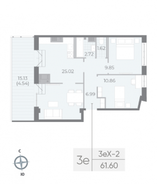 3-комнатная квартира  №126 в Neva Residence: 61.6 м², этаж 8 - купить в Санкт-Петербурге