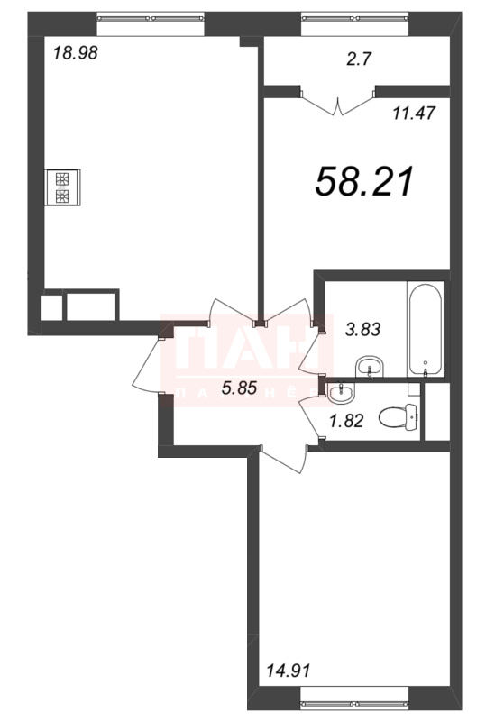 2-комнатная квартира  №104 в Neva Residence: 58.21 м², этаж 8 - купить в Санкт-Петербурге