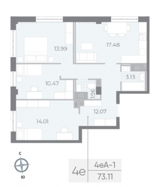 3-комнатная квартира  №15 в Neva Residence: 73.11 м², этаж 4 - купить в Санкт-Петербурге
