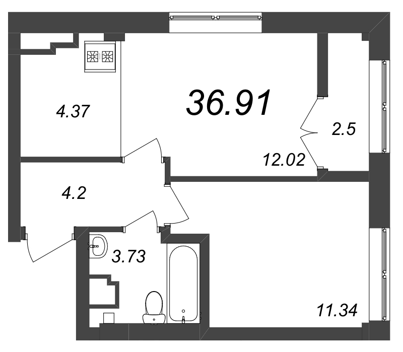 1-комнатная квартира  №163 в Большой, 67: 36.91 м², этаж 6 - купить в Санкт-Петербурге