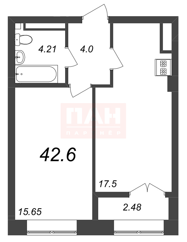 1-комнатная квартира  №270 в Neva Residence: 42.6 м², этаж 7 - купить в Санкт-Петербурге