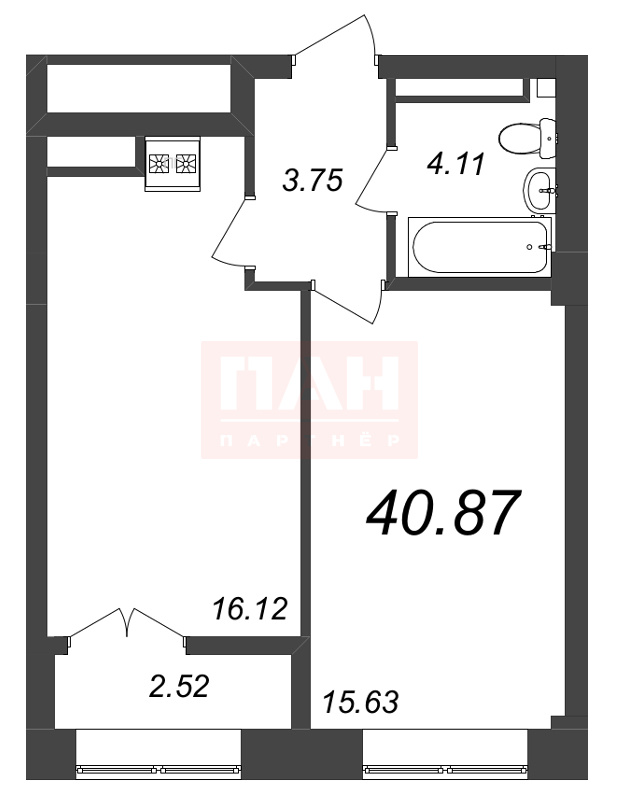 1-комнатная квартира  №275 в Neva Residence: 40.87 м², этаж 8 - купить в Санкт-Петербурге