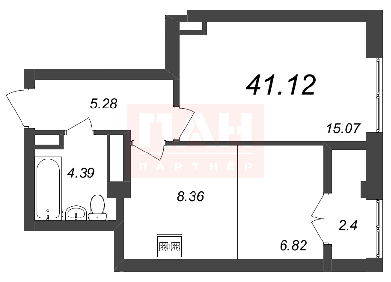 1-комнатная квартира  №312 в Neva Residence: 41.12 м², этаж 7 - купить в Санкт-Петербурге