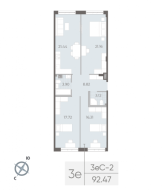 3-комнатная квартира №17А в: NEVA RESIDENCE: 92.47 м²; этаж: 2 - купить в Санкт-Петербурге