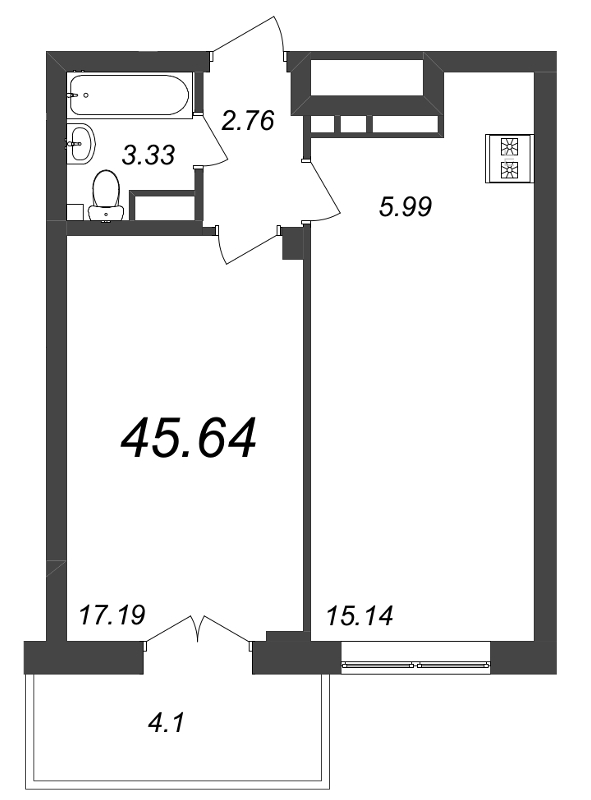 1-комнатная квартира  №31 в Большой, 67: 45.64 м², этаж 6 - купить в Санкт-Петербурге
