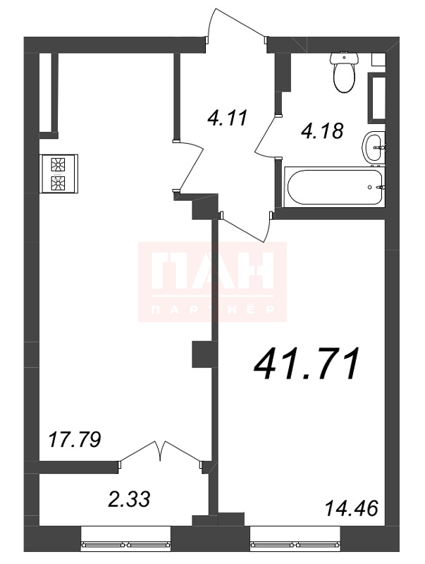 1-комнатная квартира  №193 в Neva Residence: 41.71 м², этаж 5 - купить в Санкт-Петербурге