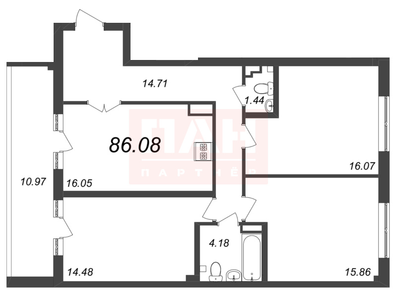 3-комнатная квартира  №310 в Neva Residence: 86.08 м², этаж 7 - купить в Санкт-Петербурге