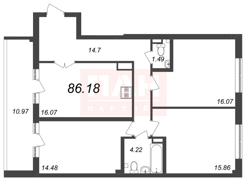 3-комнатная квартира  №304 в Neva Residence: 86.18 м², этаж 6 - купить в Санкт-Петербурге