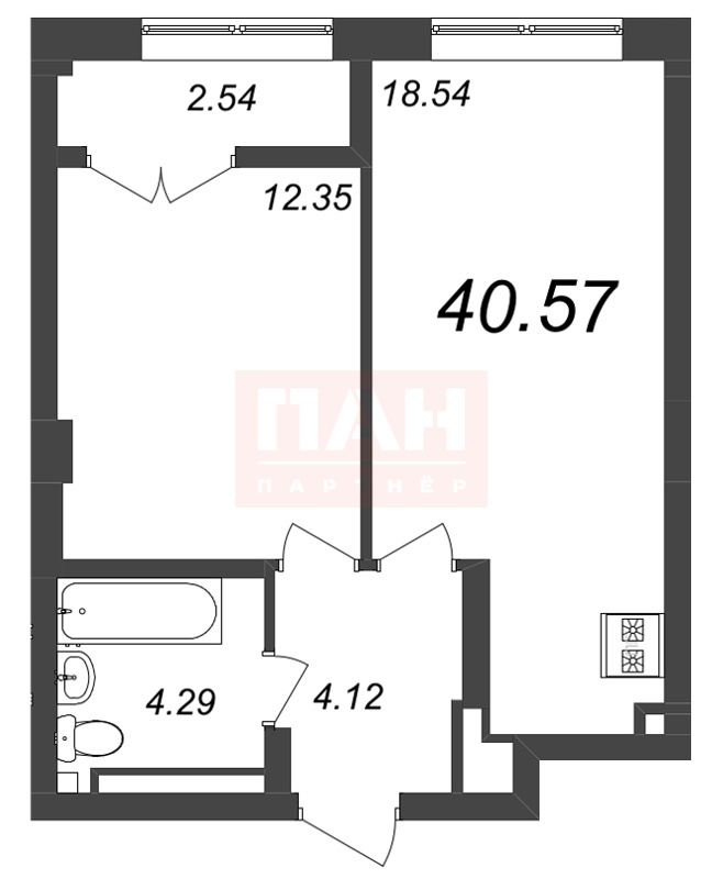 1-комнатная квартира  №57 в Neva Residence: 40.57 м², этаж 7 - купить в Санкт-Петербурге