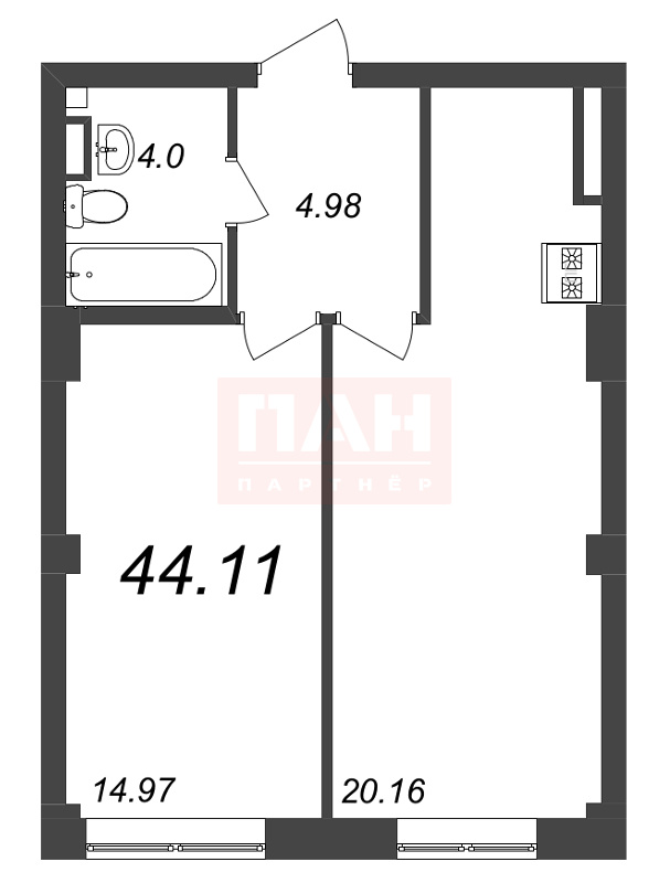 1-комнатная квартира  №185 в Neva Residence: 44.11 м², этаж 4 - купить в Санкт-Петербурге